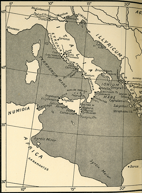 kaart Italië KAART BIJ VERGILIUS' AENEIS, ONTLEEND AAN ‘DR. J. MEHLER, VERGILIUS' AENEIS, in de serie Antieke Cultuur onder redactie van Dr. D. Cohen, Dr. E. Slijper en Dr. H. Wagenvoort, bij J.B. Wolters' Uitgeversmaatschappij N.V., Groningen, Den Haag, Batavia, 1930’.